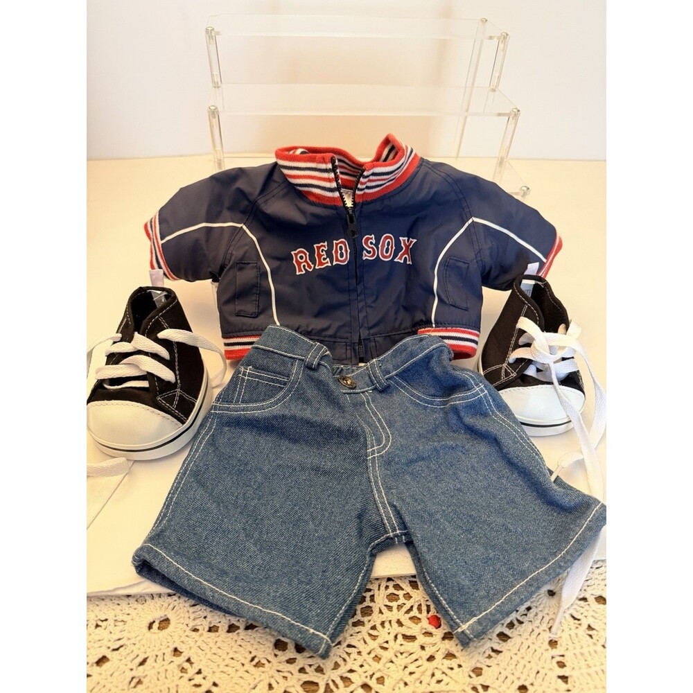 Build-A-Bear Clothing - Boston Red Sox Jacket Denim Shorts & Black Sneakers